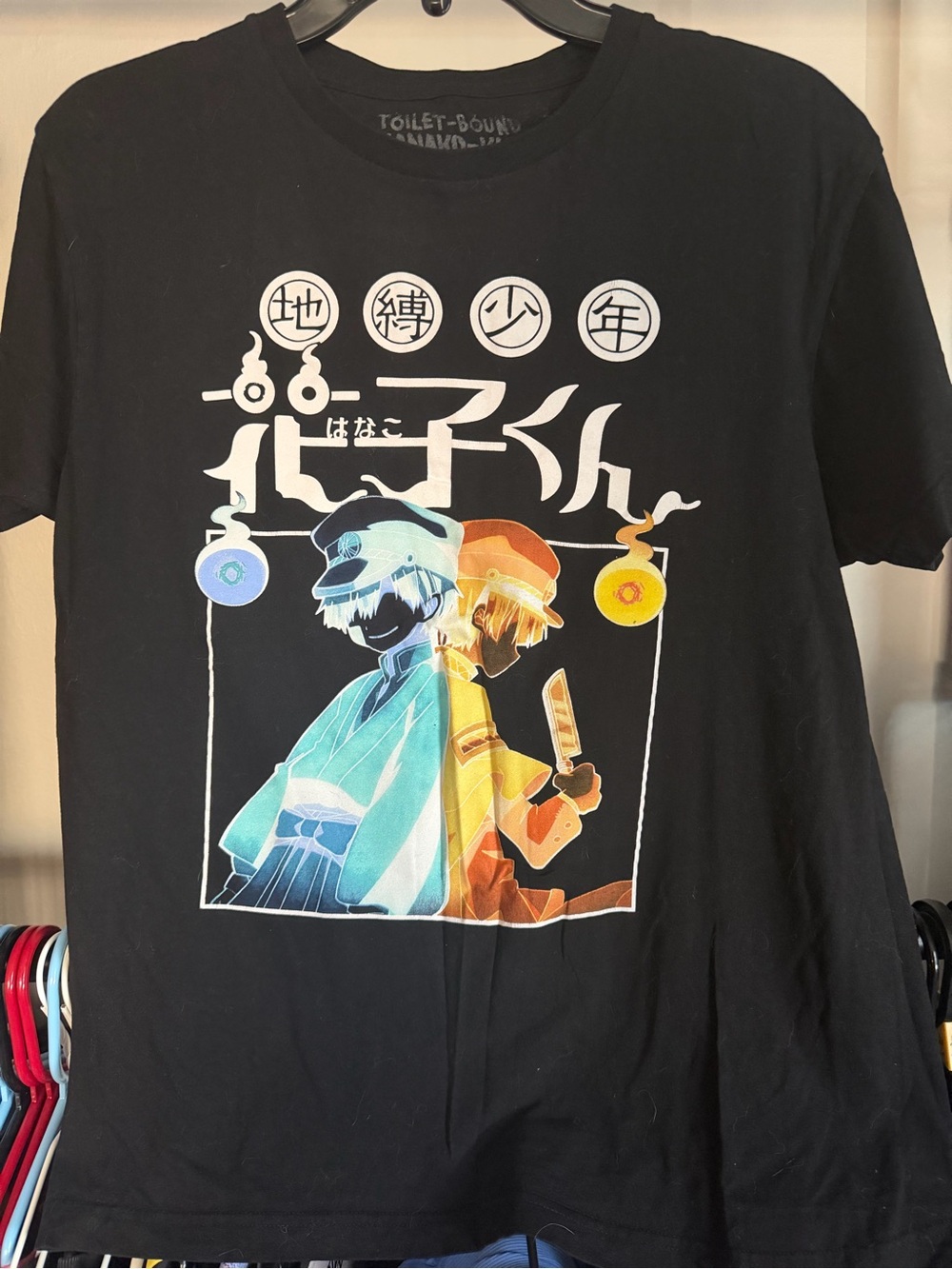 Toilet-Bound Unisex Black Anime Graphic Tee with Blue & Orange Characters
